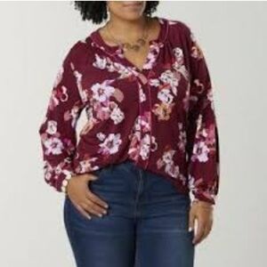 Simply Emma Pink Wine Floral V Neck Blouse Plus 2X